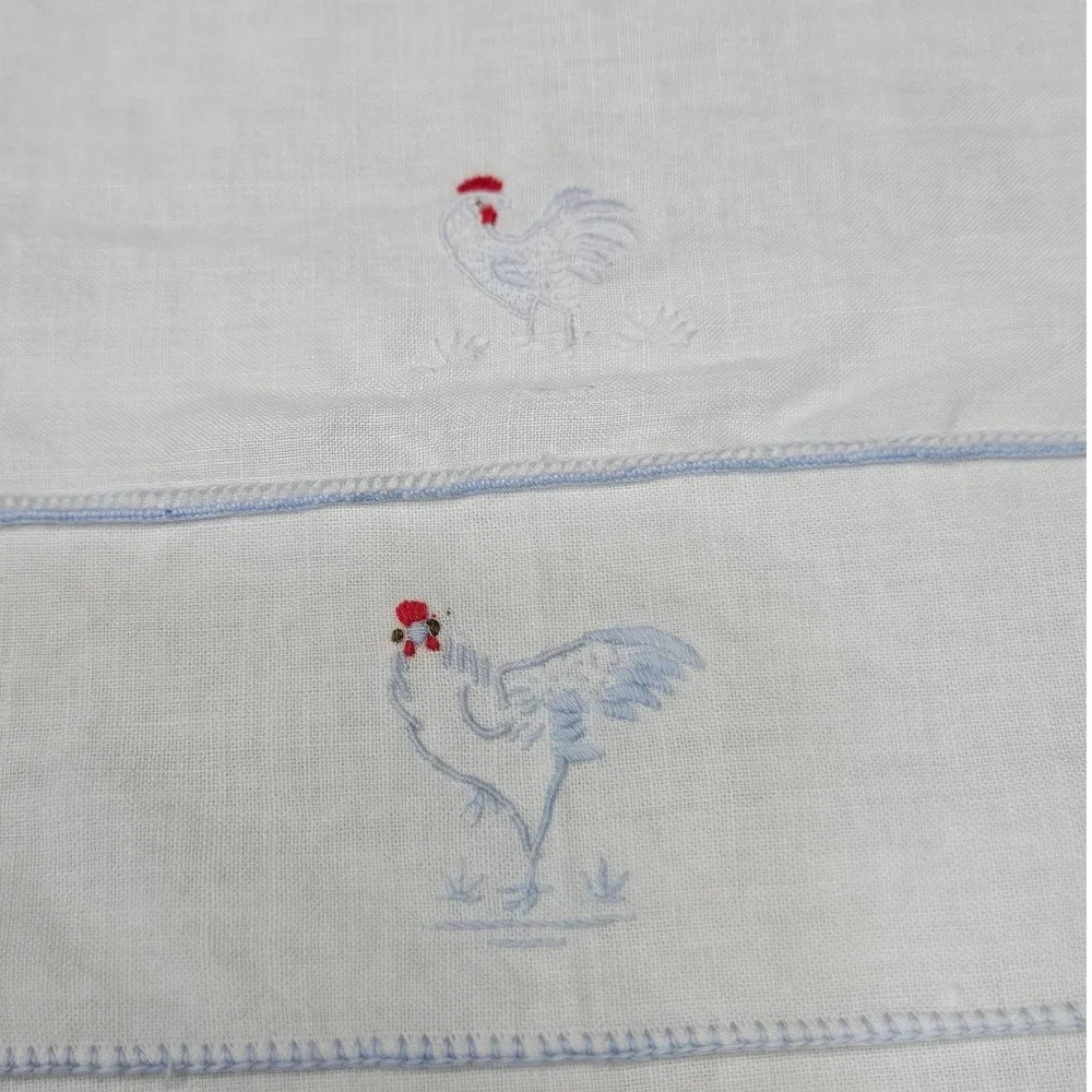 Vintage Country Set of 8 Embroidered Linen Cocktail Napkins‎ White Blue Chicken